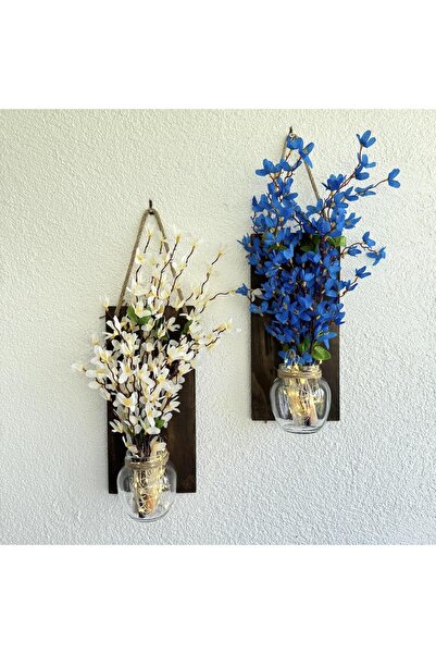 STDEKOR Led Işıklı Mavi ve Beyaz Sakura Çiçekli Duvar Dekoru Ceviz İkili Set