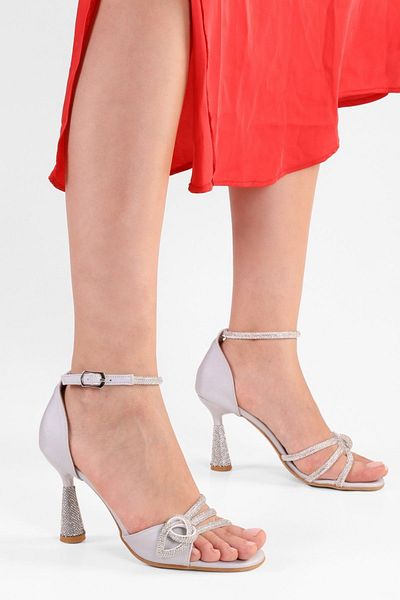 SOLMAZ YUNİ SILVER VIRGINIA SATIN STONE HEEL SHOES