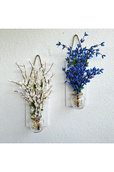 STDEKOR Led Işıklı, Mavi ve Beyaz Sakura Çiçekli Duvar Dekoru Beyaz İkili Set
