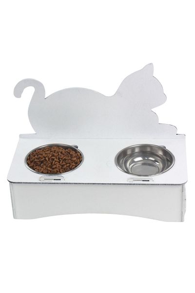 Evene Food Water Bowl Stainless Steel Rhinestone 2-Piece Wooden Cat and Dog Water Bowl Cat Backrest Model