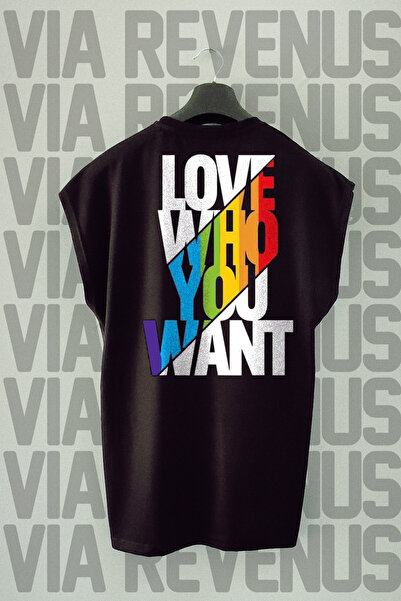 Vordevia Tricou sport negru - Love Who You Want, imprimat pe spate, mânecă zero