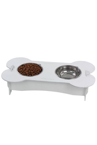 Evene Food Water Bowl Stainless Steel Rhinestone 2-Piece Wooden Cat and Dog Water Bowl Bone Model