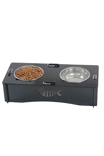 Evene Food Water Bowl Stainless Steel Rhinestone 2-Piece Wooden Cat and Dog Water Bowl with Fish Model
