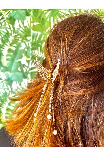 alsaccessories Χρυσό Χρώμα Πεταλούδα Μοντέλο Ζιργκόν και Πέρλες Μαλλιά Κλιπ - Κρεμαστά Μύτες