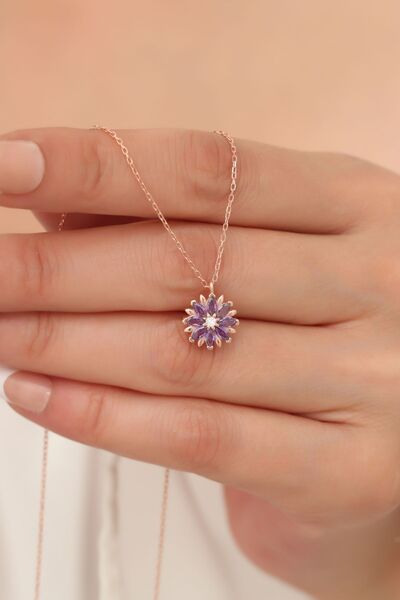 passion silver Ametist Taşlı Çiçek 14 Ayar Rose Altın Kaplama Kadın Kolye
