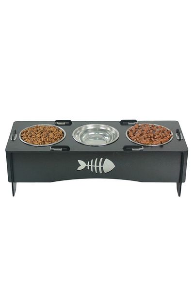 Evene Food Water Bowl Stainless Steel Rhinestone 3-Piece Wooden Cat and Dog Water Bowl with Fish Model