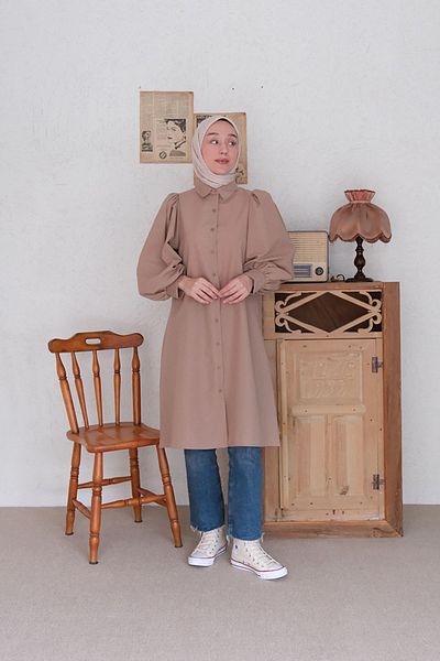 Ceylan Otantik Caramel Balloon Sleeve Long Shirt