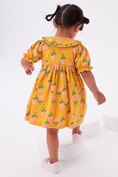 Next Baby 100% Cotton Yellow Short Sleeve Floral Dress