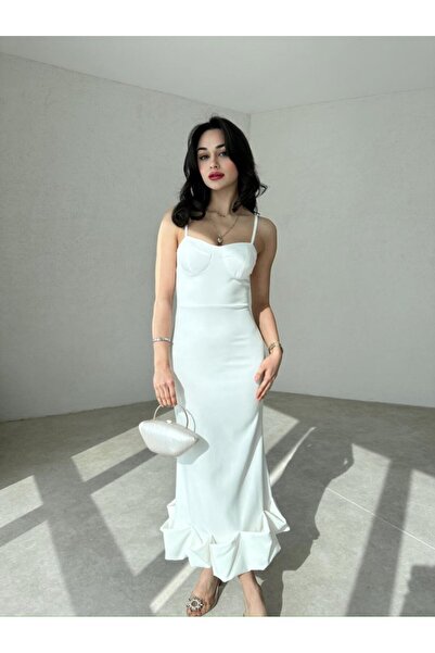 Afiş Butik Etek Ucu Asimetrik Kıvrımlı Midi Boy Elbise