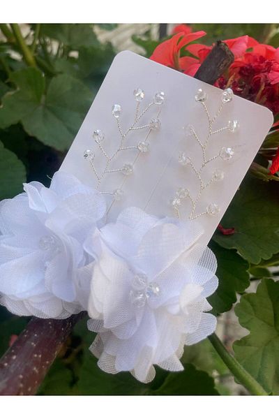 Sare Çocuk Giyim Set de catarame cu perle albe florale 3D - Clip din 2 piese