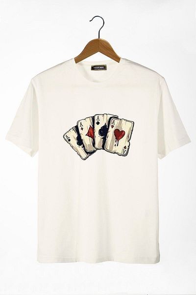 viptasarımtshirt Men's Ecru Front Playing Card Printed Crew Neck Oversize T-shirt
