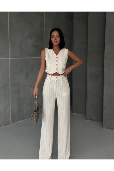 EYYE بدلة سترة كتان مخططة باللون الأسود