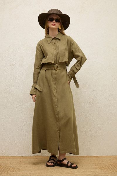 Manuka Khakifarbenes Trench-Kleid aus Leinen
