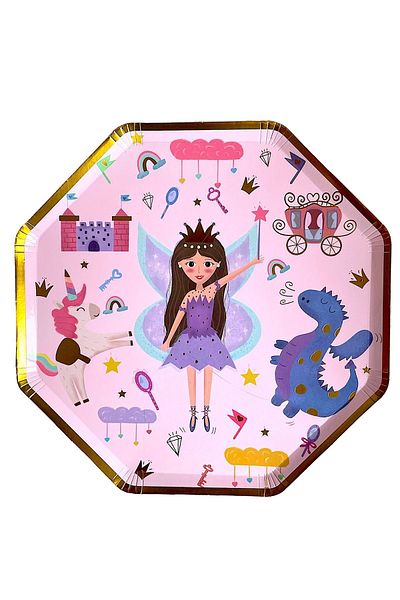 BalinMandalin Fairy Princess Patterned Gilded Octagonal Cardboard Plate, 8 Pieces