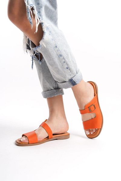 ERNİLA Women's Buckle Genuine Leather Slippers