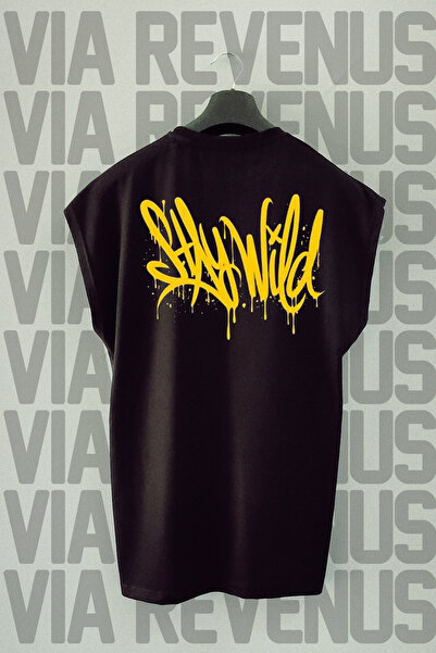 Vordevia Tricou negru Stay Wild Sports - imprimat pe spate, mâneci zero