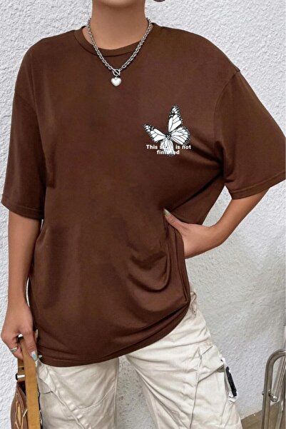 oneagılyazı White Butterfly Printed Oversize Women's T-shirt