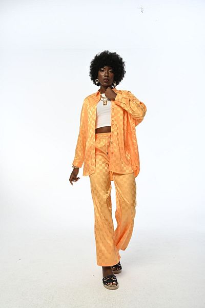 Orfeo Negro WOMEN'S COMFORTABLE FIT BOL SLEEVE CHAMOMILE PATTERNED ORANGE JACKQUARD TROUSERS