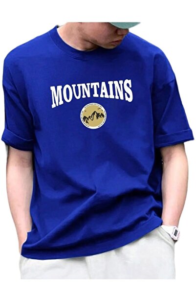 HIRSCH تي شيرت أزرق كبير الحجم للجنسين برقبة دائرية وطبعة جبال