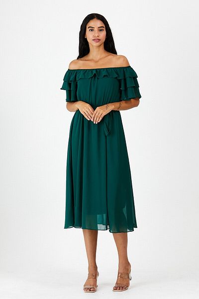 ADASTYLE Λαιμόκοψη Carmen, σιφόν, Shooting, Φόρεμα Emerald Green