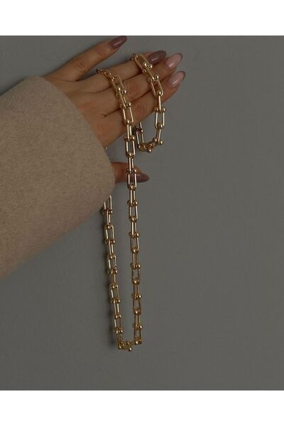 BORENO Tifany Model Gold Renk Çelik Üzeri 14 Ayar Altın Kaplama Kolye, Bileklik Set