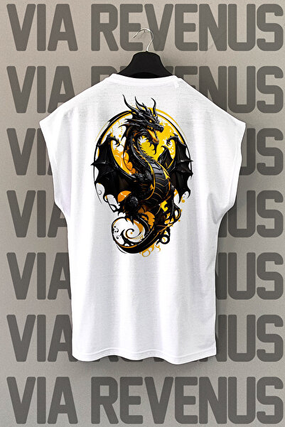 Vordevia Tricou sport alb - imprimeu cu spatele dragonului, mâneci zero