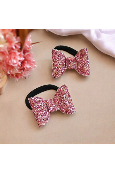 damlakidsmoda Kız çocuk fiyonk toka 2 li lastik toka pembe glitter