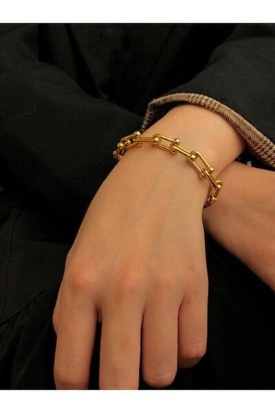 BORENO Tifany Model Gold Renk Çelik Üzeri 14 Ayar Altın Kaplama Kolye, Bileklik Set