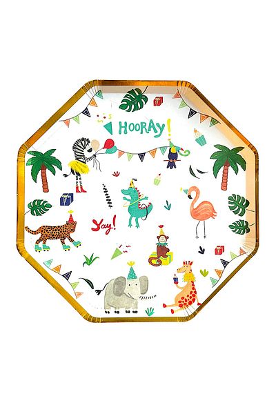 BalinMandalin 8-Piece Animal World - Cardboard Plate, Gilt Detailed, Octagonal