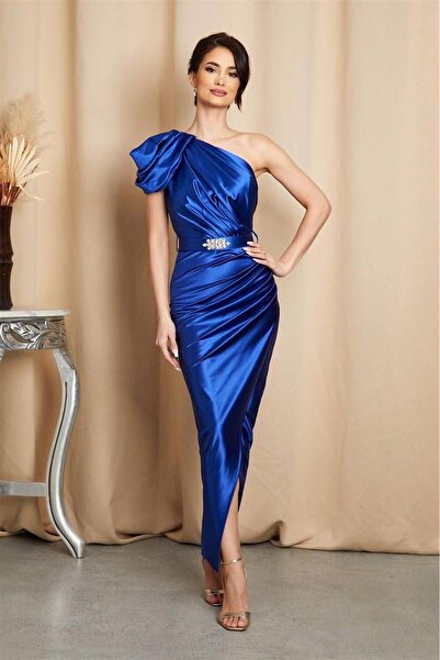 mafdress Σατέν βραδινό φόρεμα με λεπτομέρεια με έναν ώμο