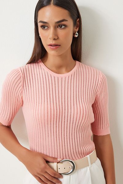 Happiness İstanbul Rosa, leicht transparente Strickbluse für Damen - FN03210