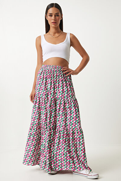 Happiness İstanbul Pink Green Patterned - Flounced Viscose Women's Maxi Skirt FN03197
