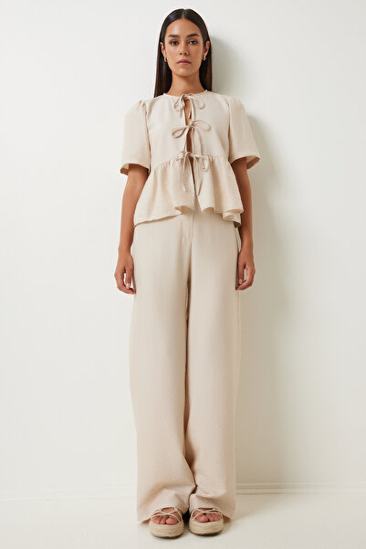 Happiness İstanbul Cream Women's Blouse and Trousers Set - Bow Detail UL00035