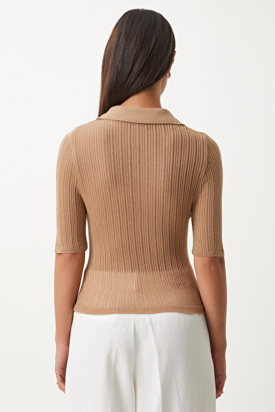 Happiness İstanbul Γυναικεία πλεκτή μπλούζα polo γιακά σε χρώμα καμήλα - ελαφριά και διάφανη FN03211