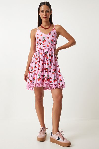 Happiness İstanbul Rot-Rosa gemustertes Sommerkleid aus Viskose - Strappy FN03203