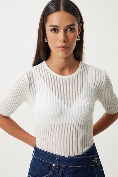 Happiness İstanbul Ecru Women's Knitwear Blouse - Light and Transparent FN03210