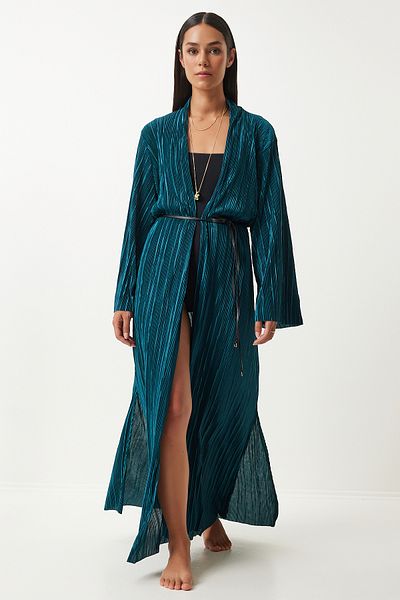Happiness İstanbul Dunkelgrüner plissierter Lederkimono - mit Gürtel, lang FN03207