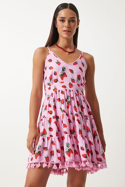 Happiness İstanbul Rot-Rosa gemustertes Sommerkleid aus Viskose - Strappy FN03203