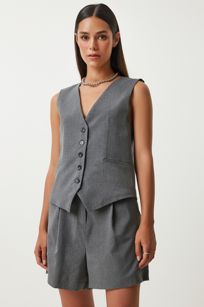 Happiness İstanbul Antracit V-nyakú női mellény és rövidnadrág szett - TO00144