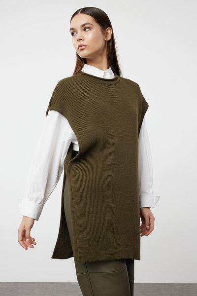 Trendyol Modest Khakifarbener Strickpullover – Accessoire zum Binden an der Seite, Thessaloniki Knit TCTAW25UV00008