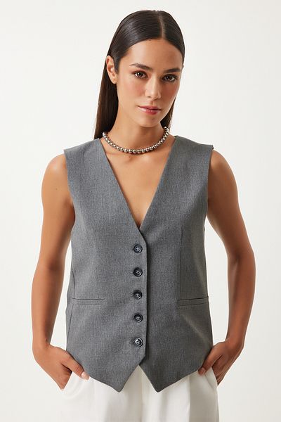 Happiness İstanbul Anthracite Viscose V-Neck Women's Vest - TO00145