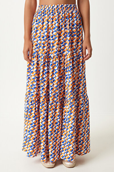 Happiness İstanbul Помаранчево-синя візерунчаста віскозна максі-спідниця Волюта літня модель FN03197