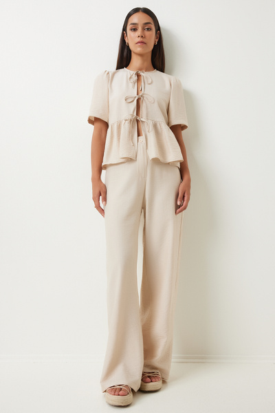 Happiness İstanbul Cream Women's Blouse and Trousers Set - Bow Detail UL00035
