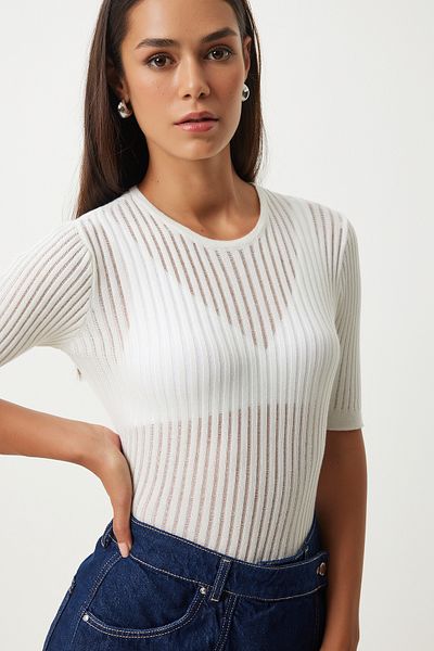 Happiness İstanbul Ecru Women's Knitwear Blouse - Light and Transparent FN03210