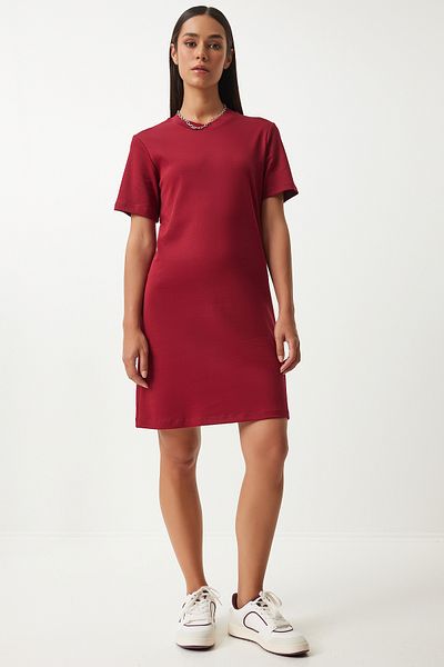 Happiness İstanbul Weinrotes Strickkleid für Damen mit Rundhalsausschnitt - OW00026