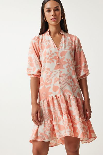 Happiness İstanbul Rochie de damă din viscoză cu guler Hakim - cu model piersici FN03229