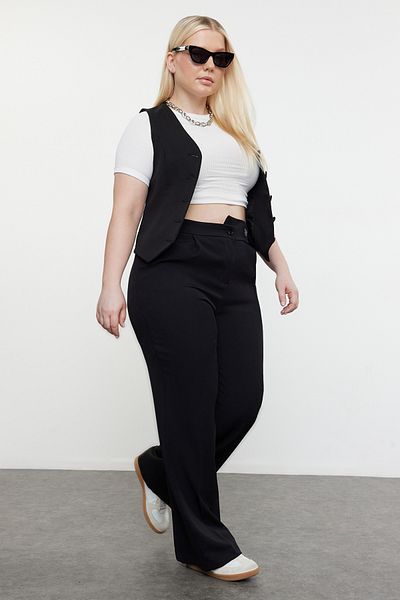 Trendyol Curve Plus Size Black Wide Leg Trousers - Labeled, Woven Fabric TBBSS24AR00041