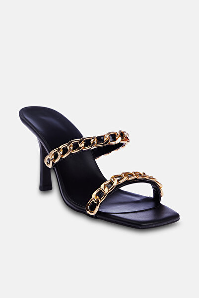 TRENDYOL SHOES Women's Black Chain Detailed Heeled Slippers Takss24To00004