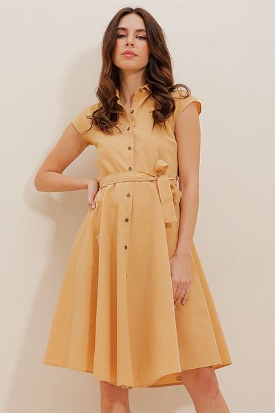 Trend Alaçatı Stili Mustard Mini Shirt Dress - Belted, Woven, ALC-D202444