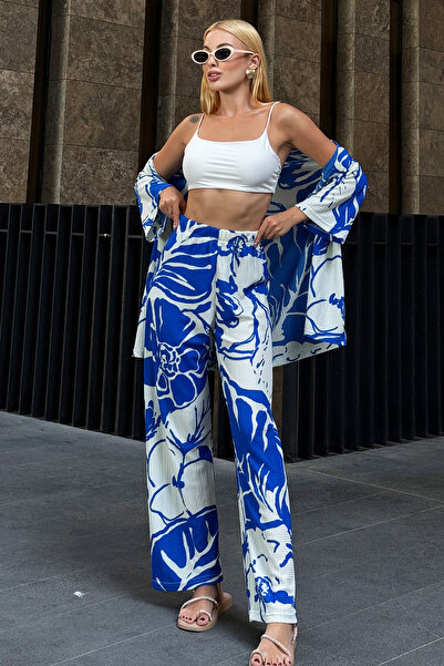 Trend Alaçatı Stili Saks mintás női kimonó készlet - ALC-X12460